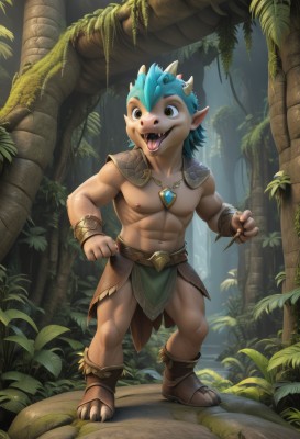 solo,open mouth,1boy,navel,brown eyes,jewelry,nipples,blue hair,standing,full body,male focus,outdoors,horns,teeth,tongue,pointy ears,tongue out,necklace,armor,bracelet,tree,muscular,leaf,fangs,abs,sandals,pectorals,nature,furry,forest,topless male,furry male,loincloth,boots,plant