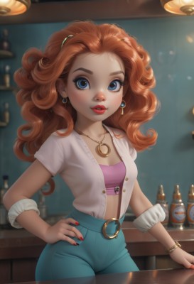 1girl,solo,long hair,breasts,looking at viewer,blue eyes,brown hair,shirt,cleavage,jewelry,collarbone,short sleeves,cowboy shot,earrings,small breasts,parted lips,open clothes,midriff,belt,pants,indoors,necklace,nail polish,orange hair,blurry,bracelet,lips,fingernails,hand on hip,eyelashes,open shirt,makeup,blurry background,wavy hair,bottle,denim,lipstick,red nails,alcohol,eyeshadow,freckles,curly hair,jeans,unbuttoned,red lips,tube top,petite,mascara,bar (place),counter,high-waist pants,standing,white shirt,red hair,artist name,crop top,strapless,pink shirt,hoop earrings,bangle,body freckles