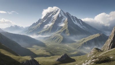 outdoors,sky,day,cloud,blue sky,no humans,cloudy sky,grass,nature,scenery,rock,mountain,landscape,mountainous horizon,cliff