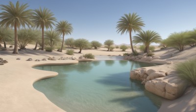 outdoors,sky,day,water,tree,blue sky,no humans,shadow,ocean,beach,grass,nature,scenery,reflection,rock,sand,palm tree,river,shore,cloud,plant,desert,reflective water