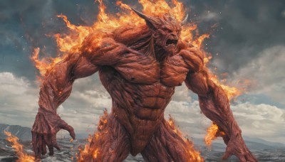 solo,open mouth,1boy,nipples,standing,male focus,nude,outdoors,horns,sky,teeth,pointy ears,cloud,no humans,muscular,glowing,colored skin,fangs,abs,cloudy sky,fire,sharp teeth,muscular male,glowing eyes,claws,veins,monster,giant,red skin,burning,molten rock,tail,mountain,fantasy,white eyes,demon