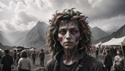 1girl,looking at viewer,blonde hair,brown hair,shirt,jacket,multicolored hair,outdoors,multiple boys,sky,solo focus,day,cloud,black eyes,lips,cloudy sky,messy hair,6+boys,mountain,realistic,flag,facepaint,crowd,short hair,black hair,dirty