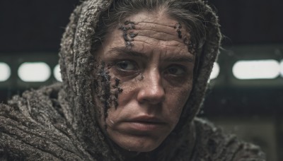 solo,looking at viewer,1boy,closed mouth,male focus,parted lips,blurry,black eyes,lips,depth of field,blurry background,portrait,hood up,freckles,science fiction,realistic,black hair,hood,grey eyes,tattoo,piercing