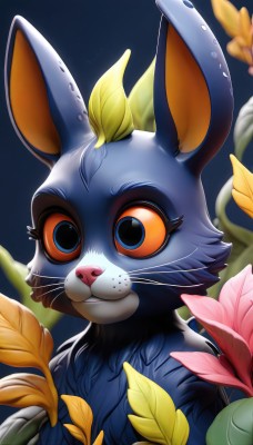 solo,smile,blue eyes,simple background,animal ears,closed mouth,upper body,flower,male focus,outdoors,teeth,artist name,rabbit ears,blurry,no humans,leaf,blue background,bug,plant,portrait,furry,colored sclera,whiskers,buck teeth,looking at viewer,animal,rabbit