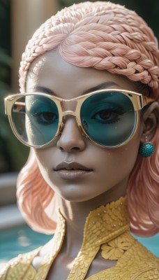 1girl,solo,looking at viewer,brown eyes,jewelry,upper body,pink hair,braid,earrings,parted lips,glasses,artist name,dark skin,blurry,black eyes,dark-skinned female,lips,eyelashes,makeup,blurry background,colored skin,watermark,sunglasses,lipstick,portrait,web address,french braid,eyeshadow,curly hair,realistic,nose,round eyewear,crown braid,tinted eyewear,mascara,yellow-framed eyewear,aviator sunglasses,long hair,closed mouth