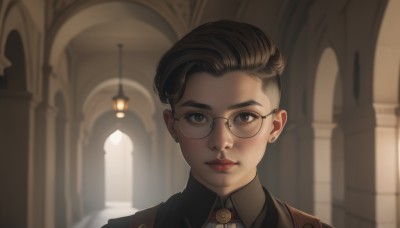 1girl,solo,looking at viewer,short hair,brown hair,shirt,brown eyes,jewelry,closed mouth,earrings,glasses,collared shirt,indoors,mole,blurry,lips,mole under eye,blurry background,portrait,freckles,round eyewear,red lips,stud earrings,undercut,pillar,piercing,nose,very short hair