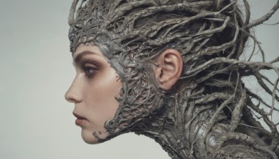 1girl,solo,blue eyes,simple background,brown hair,closed mouth,grey background,from side,lips,profile,portrait,science fiction,realistic,nose,white background,parted lips,black eyes,grey eyes,eyelashes,looking away,expressionless,helmet,tentacles,close-up,looking afar,looking ahead