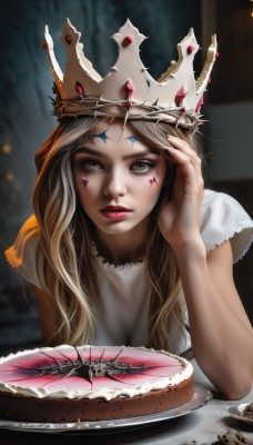 1girl,solo,long hair,looking at viewer,blonde hair,dress,brown eyes,upper body,short sleeves,parted lips,food,white dress,blurry,lips,eyelashes,makeup,blurry background,facial mark,table,crown,lipstick,plate,cake,hand in own hair,forehead mark,realistic,nose,red lips,hand on own head,brown hair,watermark,gem,web address