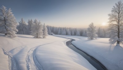 1girl,solo,white hair,outdoors,sky,tree,no humans,shadow,sunlight,nature,scenery,snow,forest,sunset,mountain,sun,winter,bare tree,landscape,sunrise,footprints,pine tree,cloud,blue sky,road