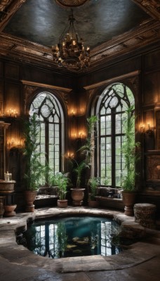 day,indoors,water,no humans,window,table,sunlight,plant,scenery,reflection,wooden floor,stairs,potted plant,lamp,candle,architecture,vines,pillar,ceiling,arch,candlestand,reflective floor,chandelier,fantasy