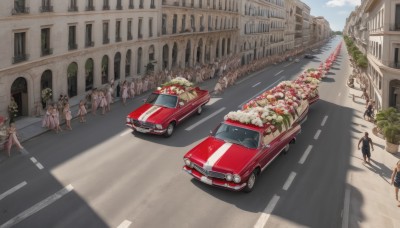 multiple girls,dress,outdoors,food,multiple boys,sky,day,cloud,tree,6+girls,formal,suit,ground vehicle,building,scenery,motor vehicle,6+boys,city,car,road,vehicle focus,street,crowd,people,crosswalk,real world location,flower,walking,running,bouquet,vanishing point