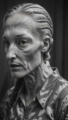 1girl,solo,long hair,bangs,simple background,shirt,1boy,closed mouth,monochrome,upper body,braid,greyscale,collared shirt,single braid,portrait,realistic,camouflage,old,old woman,wrinkled skin,looking at viewer,male focus,artist name,facial hair,watermark,web address,veins,old man