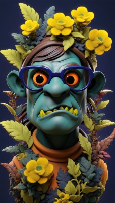 solo,looking at viewer,brown hair,1boy,upper body,flower,male focus,glasses,teeth,orange eyes,gradient,gradient background,colored skin,leaf,fangs,plant,sharp teeth,portrait,colored sclera,yellow flower,blue skin,blue-framed eyewear,black hair,red eyes,horror (theme)