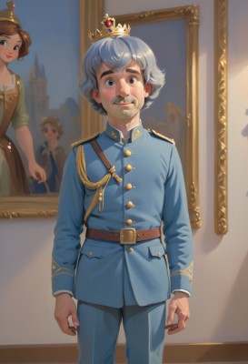 1girl,looking at viewer,smile,short hair,blue eyes,multiple girls,brown hair,long sleeves,1boy,dress,2girls,closed mouth,standing,jacket,grey hair,belt,pants,indoors,uniform,black eyes,lips,military,military uniform,facial hair,crown,blue jacket,epaulettes,realistic,mustache,arms at sides,blue pants,brown belt,old,aiguillette,painting (object),portrait (object),blush,solo focus,thick eyebrows,buckle,castle