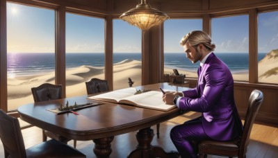 solo,blonde hair,long sleeves,1boy,sitting,jacket,male focus,necktie,sky,day,pants,cloud,indoors,water,from side,window,profile,ocean,chair,beach,formal,table,suit,desk,realistic,aircraft,sand,sun,horizon,pen,airplane,lamp,watercraft,purple jacket,pencil,purple pants,nib pen (object),holding,outdoors,blue sky,book,facial hair,scenery,beard,camera,old,old man,ship,waves,boat,helicopter