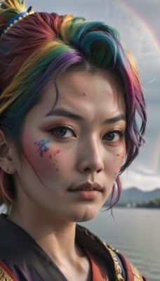 1girl,solo,looking at viewer,blush,smile,short hair,hair ornament,brown eyes,closed mouth,pink hair,purple hair,multicolored hair,outdoors,green hair,sky,day,artist name,water,blurry,black eyes,two-tone hair,lips,makeup,blurry background,facial mark,portrait,freckles,realistic,nose,facepaint,rainbow,rainbow hair,bangs,jewelry,red hair,earrings,cloud,streaked hair,eyelashes,depth of field,watermark,cloudy sky,dirty