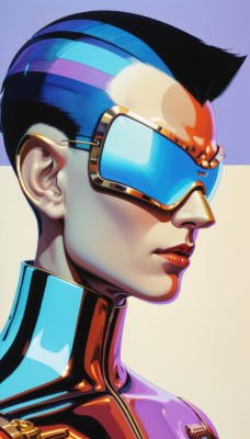 1girl,solo,short hair,black hair,1boy,closed mouth,blue hair,male focus,multicolored hair,shiny,from side,lips,bodysuit,makeup,lipstick,goggles,portrait,two-tone background,goggles on head,high collar,realistic,nose,red lips,tinted eyewear,hair slicked back,profile,sunglasses,science fiction,mohawk,cyberpunk