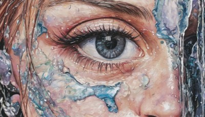 1girl,solo,looking at viewer,brown hair,water,black eyes,eyelashes,traditional media,portrait,close-up,reflection,painting (medium),eye focus,blue eyes,orange hair