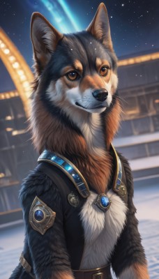 solo,looking at viewer,brown eyes,jewelry,jacket,upper body,outdoors,sky,belt,artist name,signature,blurry,black jacket,no humans,night,blurry background,animal,brooch,gem,star (sky),night sky,furry,buckle,starry sky,dog,animal focus,black fur,smile,teeth,watermark,realistic