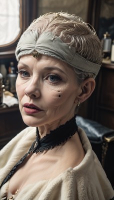 1girl,solo,breasts,looking at viewer,short hair,blue eyes,blonde hair,dress,cleavage,jewelry,upper body,earrings,parted lips,choker,indoors,mole,blurry,lips,grey eyes,mole under eye,makeup,blurry background,piercing,lipstick,portrait,realistic,red lips,old,old woman,eyelashes,window,nose