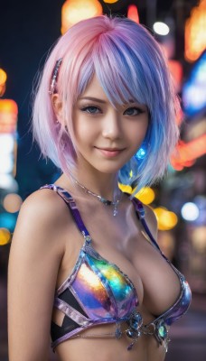 1girl,solo,breasts,looking at viewer,smile,short hair,bangs,hair ornament,cleavage,bare shoulders,jewelry,medium breasts,closed mouth,blue hair,collarbone,swimsuit,upper body,pink hair,bikini,multicolored hair,earrings,artist name,necklace,blurry,lips,grey eyes,depth of field,blurry background,piercing,gem,freckles,realistic,nose,bokeh,blue eyes,signature,eyelashes,watermark,bikini top only,multicolored clothes