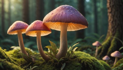 outdoors,day,signature,blurry,tree,no humans,depth of field,blurry background,leaf,sunlight,grass,plant,nature,scenery,forest,mushroom,moss