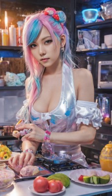 1girl,solo,long hair,breasts,looking at viewer,bangs,large breasts,hair ornament,dress,cleavage,bare shoulders,brown eyes,jewelry,medium breasts,blue hair,swimsuit,upper body,pink hair,flower,bikini,multicolored hair,earrings,parted lips,food,indoors,hair flower,off shoulder,hair bun,nail polish,black eyes,bracelet,two-tone hair,cup,lips,fingernails,see-through,double bun,makeup,fruit,swept bangs,piercing,ring,bottle,knife,ear piercing,pink nails,plate,realistic,nose,apple,kitchen,jar,lemon,kitchen knife,apron,watermark,cooking,cutting board