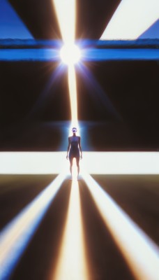 solo,1boy,standing,full body,male focus,glowing,halo,suit,scenery,light rays,arms at sides,sun,silhouette,light,spotlight,bodysuit,shadow,1other,wide shot