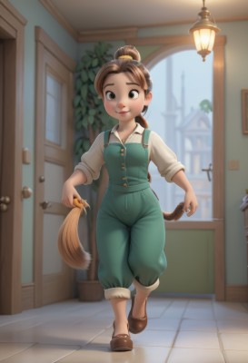 1girl,solo,long hair,breasts,looking at viewer,blush,smile,brown hair,shirt,holding,brown eyes,closed mouth,standing,tail,full body,white shirt,shoes,indoors,hair bun,blurry,lips,window,blurry background,brown footwear,single hair bun,standing on one leg,child,sleeves rolled up,walking,door,tiles,overalls,blue overalls,holding own tail,long sleeves,ponytail,outdoors,day,collared shirt,pants,buttons,plant,fake tail,female child,anal tail