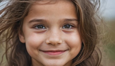 1girl,solo,long hair,looking at viewer,smile,brown hair,brown eyes,closed mouth,blurry,lips,grey eyes,blurry background,messy hair,portrait,close-up,realistic,nose,eyelashes,freckles