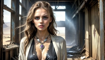 HQ,1girl,solo,long hair,breasts,looking at viewer,blue eyes,blonde hair,brown hair,dress,cleavage,jewelry,medium breasts,collarbone,upper body,day,indoors,necklace,black dress,lips,window,sunlight,forehead,pendant,realistic,nose,parted lips,torn clothes,makeup,messy hair,breasts apart,ruins,dirty