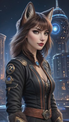 1girl,solo,long hair,breasts,looking at viewer,smile,bangs,brown hair,long sleeves,animal ears,cleavage,brown eyes,jewelry,medium breasts,jacket,upper body,outdoors,parted lips,sky,belt,artist name,medium hair,necklace,lips,fur trim,fox ears,makeup,night,lipstick,building,gem,star (sky),night sky,pendant,starry sky,city,red lips,cityscape,closed mouth,cat ears,signature,black jacket,wolf ears,buckle,realistic