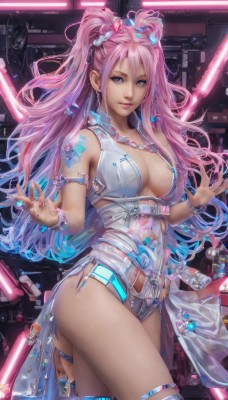 1girl,solo,long hair,breasts,looking at viewer,smile,bangs,blue eyes,large breasts,hair ornament,thighhighs,cleavage,bare shoulders,twintails,jewelry,medium breasts,blue hair,standing,pink hair,multicolored hair,earrings,nail polish,bracelet,two-tone hair,leotard,lips,fingernails,clothing cutout,tattoo,gradient hair,thigh strap,sandals,ring,armlet,blue nails,white leotard,center opening,hair between eyes,closed mouth,swimsuit,thighs,cowboy shot,sleeveless,belt,artist name,necklace,two side up,makeup,watermark,scrunchie,pink nails,zipper,science fiction,realistic,cyberpunk,neon lights