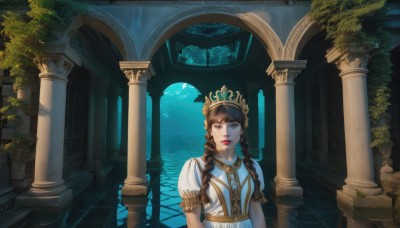 1girl,solo,long hair,looking at viewer,bangs,brown hair,dress,brown eyes,jewelry,upper body,braid,short sleeves,parted lips,puffy sleeves,indoors,water,white dress,twin braids,puffy short sleeves,lips,makeup,sunlight,tiara,crown,plant,lipstick,scenery,fish,fantasy,red lips,architecture,ruins,pillar,statue,arch,column,aquarium,necklace,tree,leaf,hair over shoulder