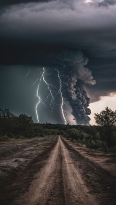 outdoors,sky,cloud,tree,no humans,cloudy sky,grass,nature,scenery,forest,smoke,mountain,electricity,road,lightning,landscape,path,dark