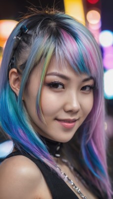 1girl,solo,long hair,looking at viewer,smile,bangs,hair ornament,bare shoulders,jewelry,closed mouth,blue hair,upper body,pink hair,purple hair,multicolored hair,sleeveless,choker,artist name,blurry,black eyes,collar,two-tone hair,lips,gradient hair,makeup,depth of field,blurry background,portrait,realistic,nose,blonde hair,black hair,parted lips,signature,necklace,streaked hair,spikes,spiked collar