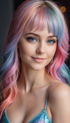 1girl,solo,long hair,breasts,looking at viewer,smile,bangs,blue eyes,cleavage,bare shoulders,jewelry,medium breasts,closed mouth,underwear,blue hair,collarbone,swimsuit,upper body,pink hair,bikini,multicolored hair,earrings,bra,two-tone hair,lips,eyelashes,gradient hair,makeup,blue bikini,eyeshadow,realistic,nose,eyeliner,mascara,artist name,black background,blue bra