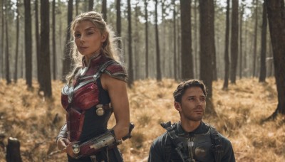 1girl,long hair,looking at viewer,short hair,blue eyes,blonde hair,brown hair,black hair,1boy,upper body,weapon,outdoors,sword,armor,blurry,tree,lips,gun,blurry background,facial hair,nature,beard,forest,realistic,stubble,animification,breasts,jewelry,earrings,dark skin