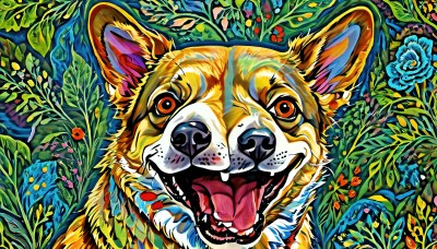 HQ,solo,looking at viewer,open mouth,flower,teeth,tongue,tongue out,orange eyes,no humans,animal,leaf,fangs,traditional media,bug,plant,portrait,nature,blue flower,yellow flower,animal focus,whiskers,tiger,orange fur,ladybug,red flower,new year,dog,chinese zodiac,vines,shiba inu,year of the dog