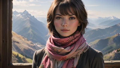 1girl,solo,looking at viewer,blush,smile,short hair,bangs,brown hair,brown eyes,closed mouth,jacket,upper body,outdoors,sky,day,cloud,scarf,lips,black jacket,red scarf,mountain,realistic,nose,mountainous horizon,pink scarf,blue sky,sunlight,scenery,snow,winter clothes,winter