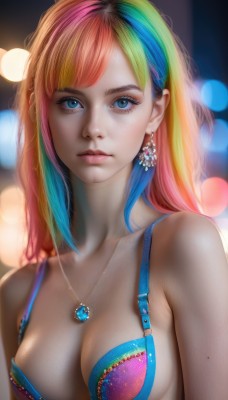 1girl,solo,long hair,breasts,looking at viewer,bangs,blue eyes,blonde hair,cleavage,bare shoulders,jewelry,medium breasts,underwear,blue hair,collarbone,swimsuit,upper body,pink hair,bikini,multicolored hair,earrings,parted lips,artist name,necklace,bra,orange hair,blurry,two-tone hair,lips,streaked hair,eyelashes,gradient hair,makeup,depth of field,blurry background,watermark,gem,web address,multicolored clothes,lens flare,pendant,eyeshadow,freckles,pink lips,realistic,nose,bokeh,colorful,mascara,no shirt,rainbow gradient,rainbow hair,closed mouth,mole,swept bangs,mole on breast,purple bra