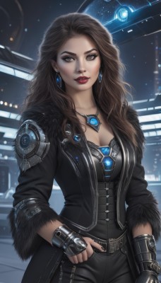 1girl,solo,long hair,breasts,looking at viewer,brown hair,gloves,cleavage,brown eyes,jewelry,medium breasts,standing,collarbone,jacket,cowboy shot,earrings,parted lips,open clothes,black gloves,belt,pants,signature,fingerless gloves,necklace,nail polish,mole,open jacket,lips,coat,black jacket,grey eyes,fur trim,eyelashes,makeup,night,wavy hair,black pants,lipstick,gem,black nails,buckle,pendant,eyeshadow,zipper,science fiction,belt buckle,nose,red lips,eyeliner,leather,leather jacket,large breasts,artist name,corset,backlighting,hand in pocket,realistic