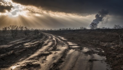 monochrome,outdoors,sky,day,cloud,water,tree,no humans,sunlight,cloudy sky,grass,nature,scenery,forest,reflection,light rays,sun,road,sunbeam,landscape