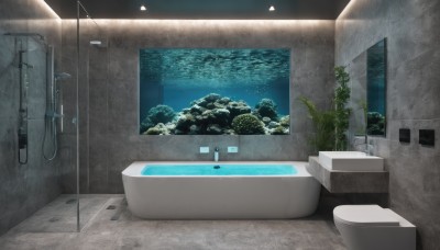 indoors,water,no humans,plant,scenery,fish,bubble,underwater,tiles,bathtub,sink,tree,bathroom,faucet