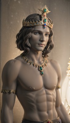 solo,looking at viewer,blue eyes,brown hair,black hair,1boy,navel,jewelry,closed mouth,nipples,upper body,male focus,artist name,dark skin,medium hair,necklace,stomach,lips,muscular,facial hair,piercing,abs,crown,pectorals,muscular male,gem,armlet,toned,topless male,realistic,arms at sides,nipple piercing,navel piercing,short hair