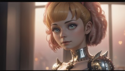 1girl,solo,looking at viewer,short hair,bangs,blue eyes,blonde hair,twintails,jewelry,green eyes,upper body,heart,multicolored hair,earrings,choker,armor,blurry,collar,lips,eyelashes,makeup,blurry background,piercing,letterboxed,shoulder armor,ear piercing,portrait,spikes,freckles,curly hair,pauldrons,nose,stud earrings,smile,closed mouth,indoors,window,backlighting