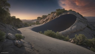 outdoors,sky,artist name,cloud,signature,dated,tree,no humans,night,shadow,grass,star (sky),nature,night sky,scenery,forest,starry sky,sunset,rock,mountain,evening,landscape,gradient sky,watermark,plant,sand,horizon,bush