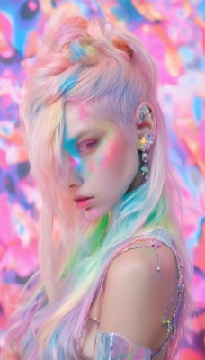 1girl,solo,long hair,breasts,looking at viewer,blue eyes,blonde hair,bare shoulders,jewelry,closed mouth,blue hair,upper body,pink hair,multicolored hair,earrings,hair over one eye,blurry,from side,two-tone hair,lips,eyelashes,gradient hair,makeup,blurry background,piercing,lipstick,ear piercing,eyeshadow,realistic,nose,colorful,paint splatter,paint,rainbow hair,parted lips,detached sleeves,profile,gem,portrait,mascara