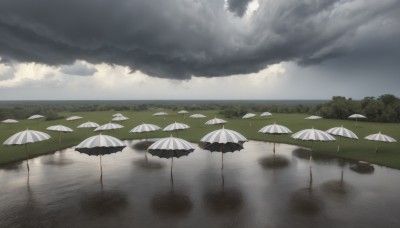 outdoors,sky,day,cloud,water,tree,no humans,umbrella,cloudy sky,nature,scenery,forest,reflection,rain,horizon,parasol,reflective water,ocean,lake