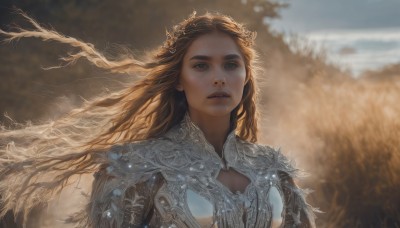 1girl,solo,long hair,breasts,looking at viewer,blue eyes,blonde hair,brown hair,cleavage,brown eyes,upper body,outdoors,parted lips,sky,day,artist name,armor,blurry,lips,clothing cutout,floating hair,blurry background,cleavage cutout,wind,realistic,nose,fantasy,dress,teeth,freckles